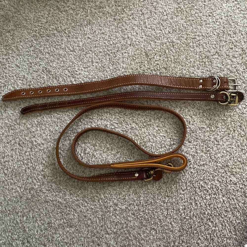 NEW set of leather 2 collar + leash